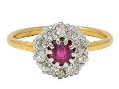 Edwardian Ruby Old Mine Diamond Platinum 18 Karat Yellow Gold Antique Halo Ring