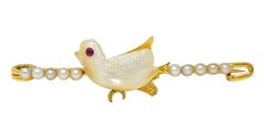 Broche baroque en or jaune 15 carats, rubis et perles, Edwardian Bird Bar Brooch