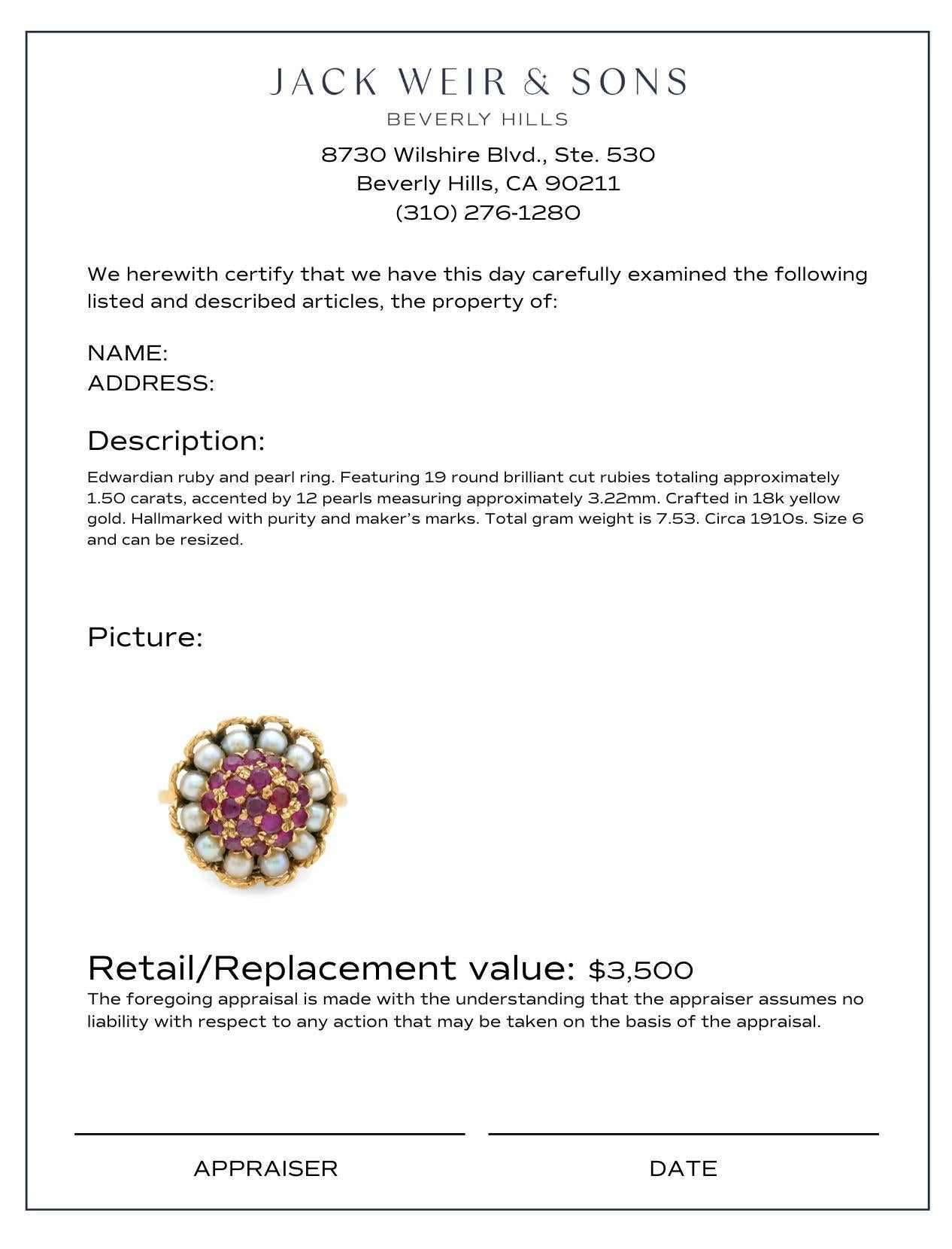 Women's or Men's Edwardian ruby pearl 18k yellow gold ring