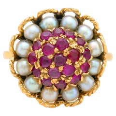 Edwardian ruby pearl 18k yellow gold ring