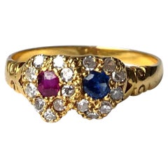 Edwardian Ruby, Sapphire and Diamond 18 Carat Gold Love Ring