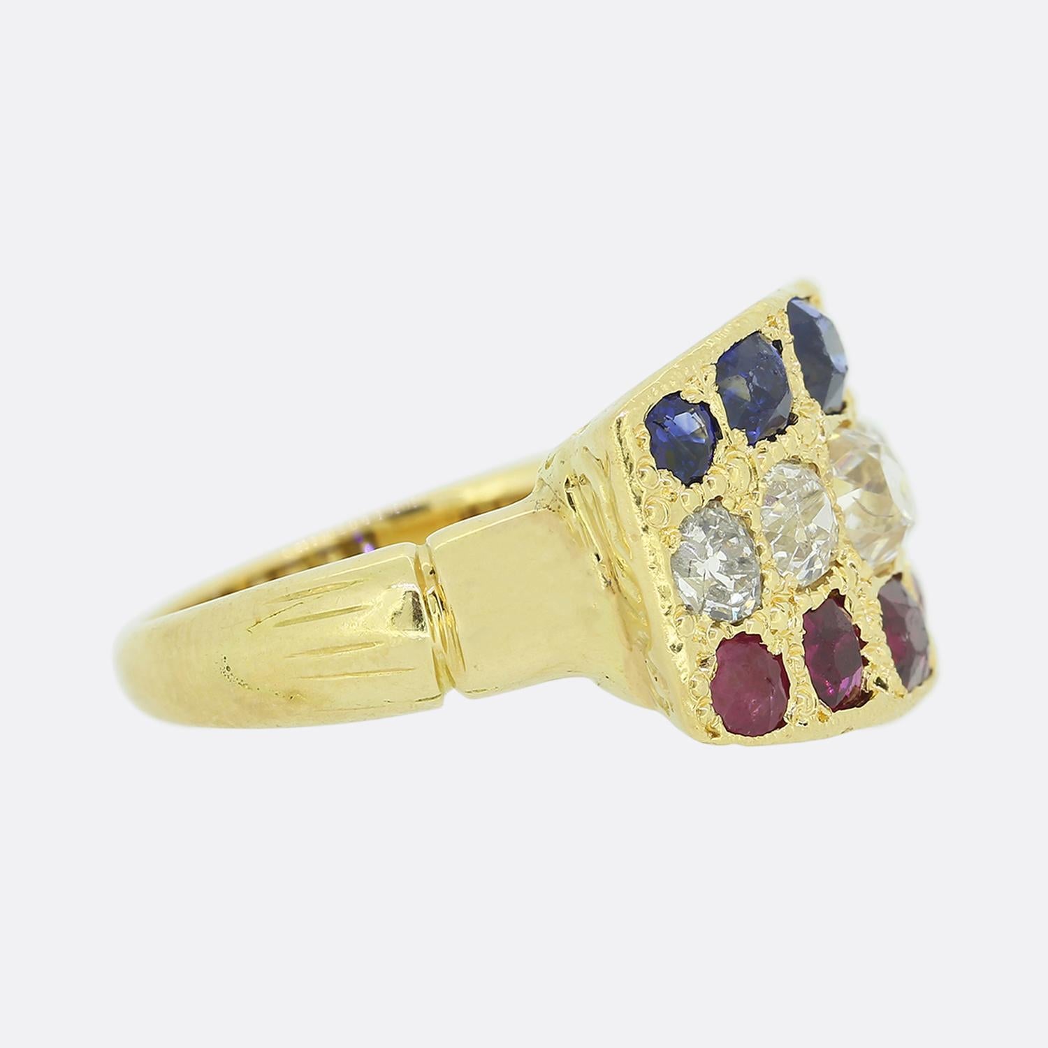 Round Cut Edwardian Ruby Sapphire and Diamond Three Row Ring For Sale