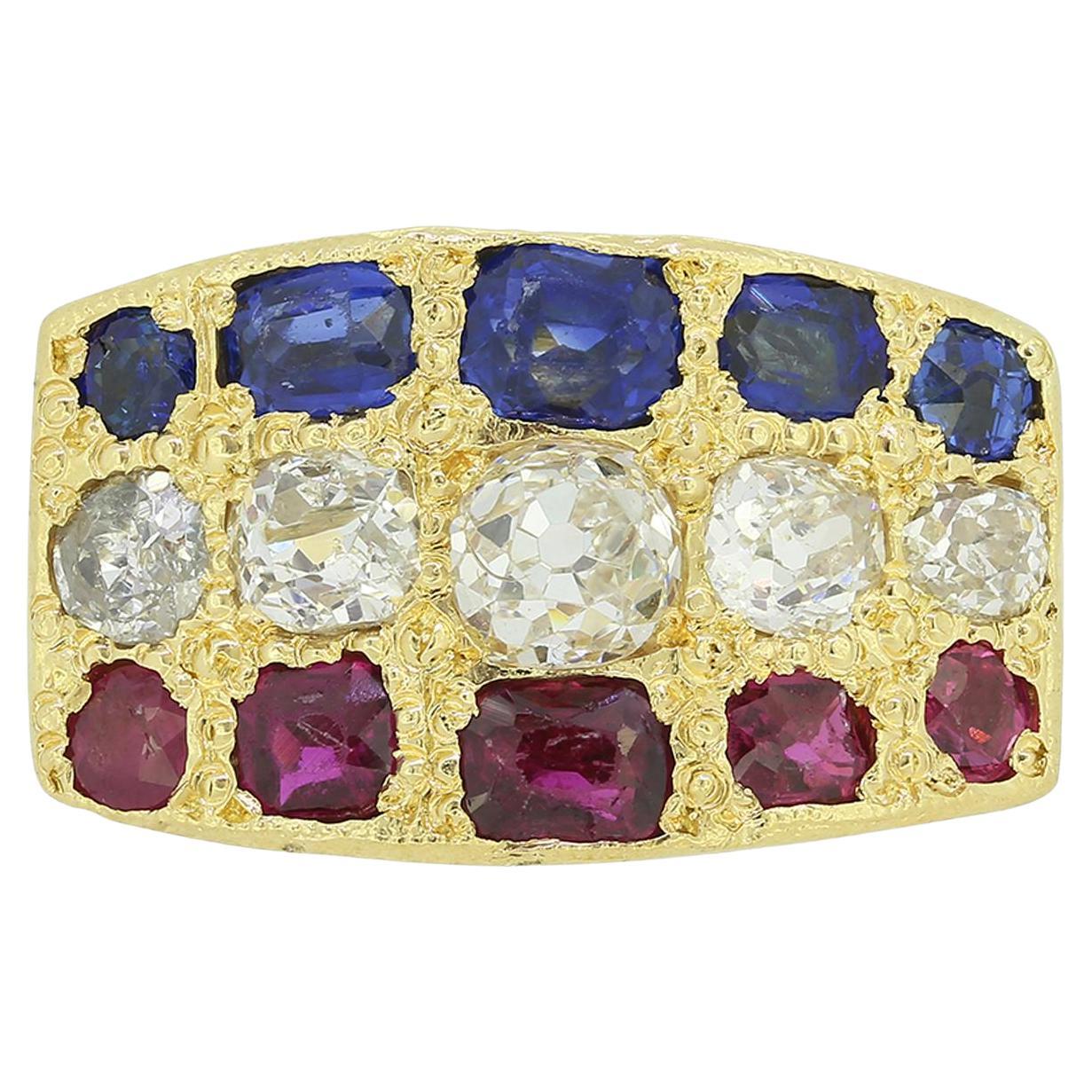 Edwardian Ruby Sapphire and Diamond Three Row Ring For Sale