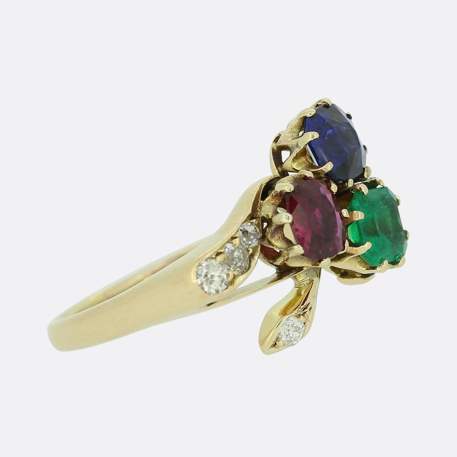 Old European Cut Edwardian Ruby Sapphire Emerald and Diamond Shamrock Ring