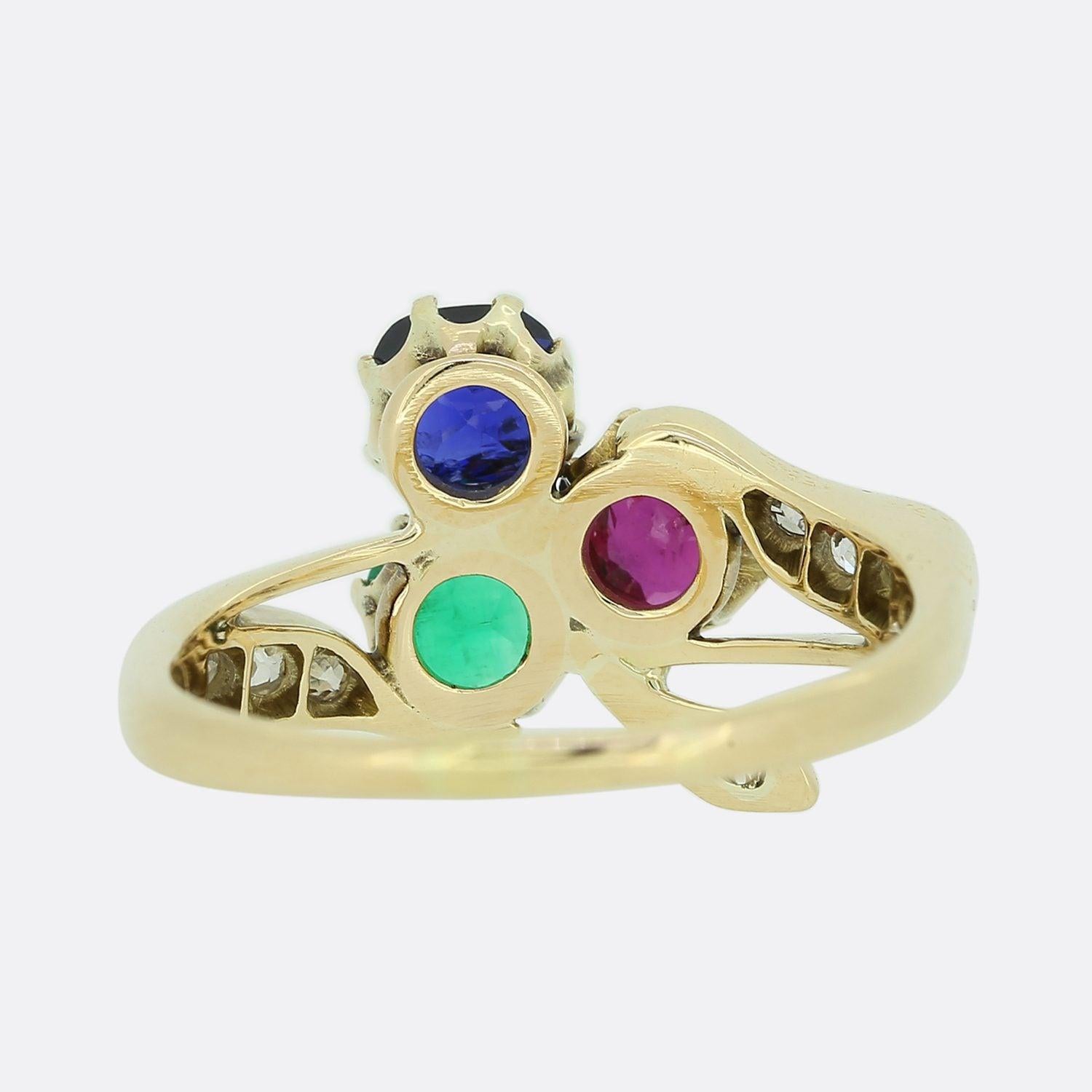 Edwardian Ruby Sapphire Emerald and Diamond Shamrock Ring In Good Condition In London, GB