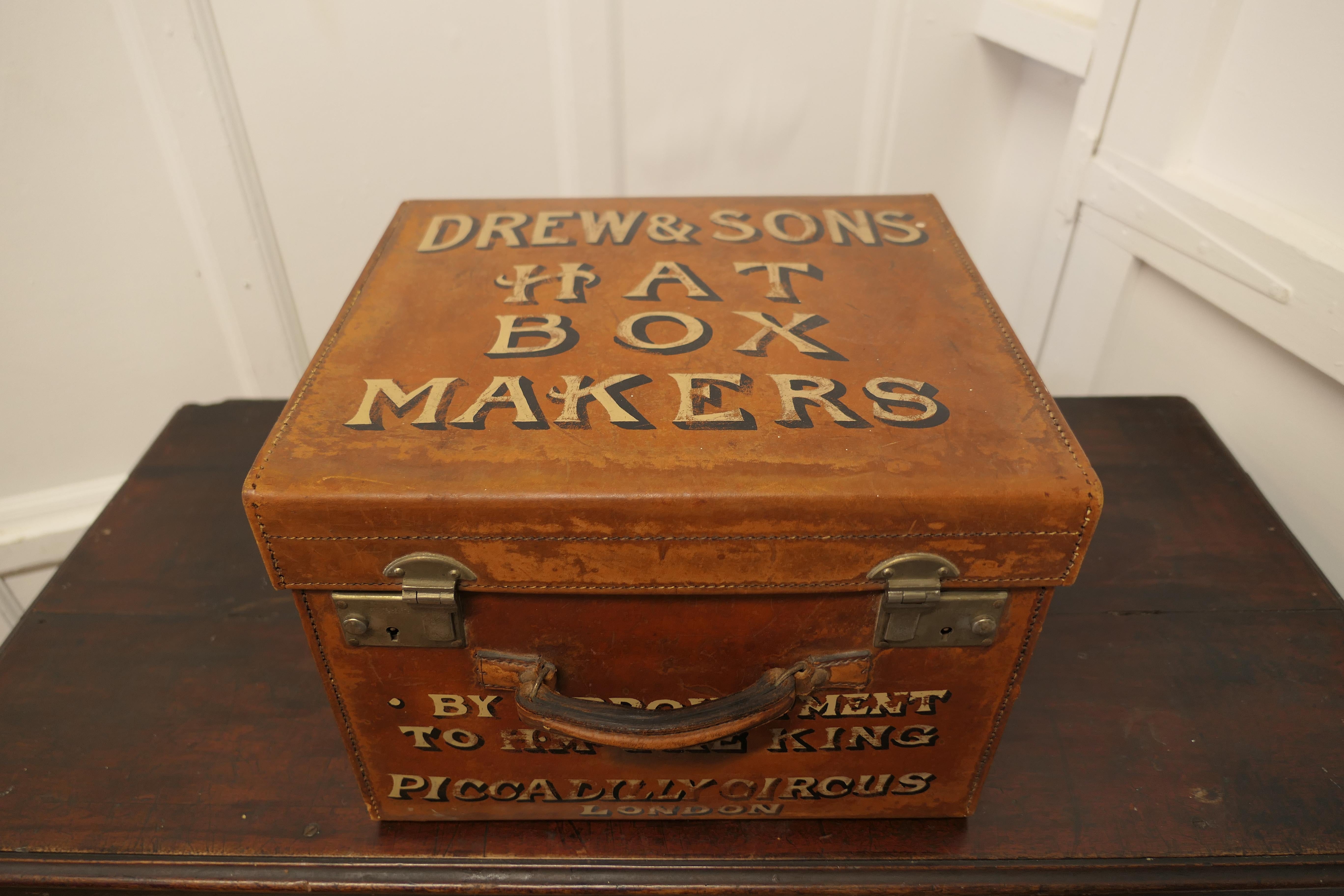 Edwardian Salesman’s Sample Hat Box by Drew and Sons Trunk Makers

This is a unique piece, it is a 19th Century Traveling salesman sample showing the quality of leather suitcases and luggage produced by Drew and Sons of Piccadilly
It has pockets to