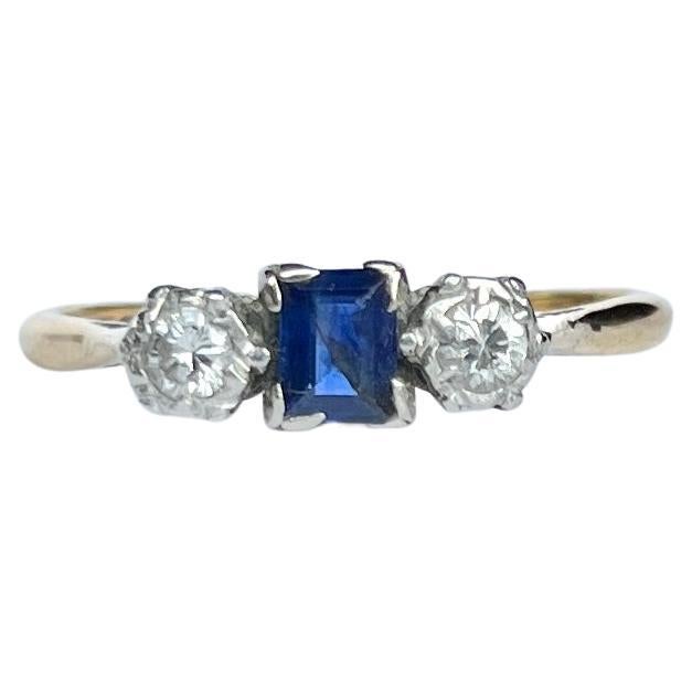 Edwardian Sapphire and Damond 18 Carat Gold Three-Stone Ring