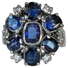 Edwardian Sapphire and Diamond 14 Carat White Gold Cluster Ring