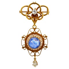 Edwardian Sapphire and Diamond 14k Yellow Gold Brooch Pendant Necklace