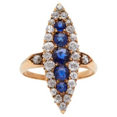 Anello Navette in oro giallo 14k con zaffiro e diamante di epoca edoardiana