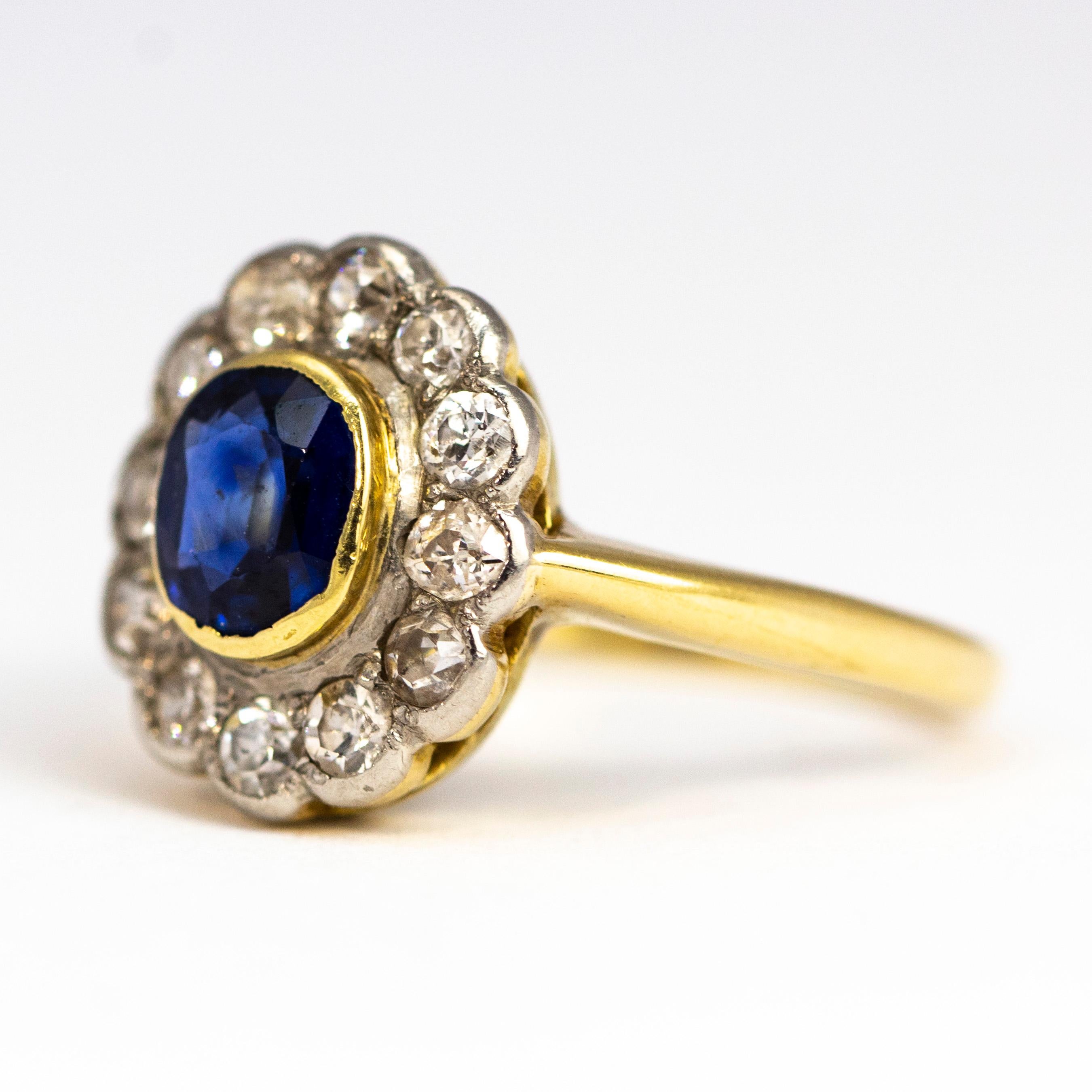 This classic design of a sapphire cluster ring is exquisite. It features a 70pt sapphire at the centre which is a wonderful deep blue and around it there are 60pts worth of Diamonds. All the stones are set in platinum and the ring itself is modelled