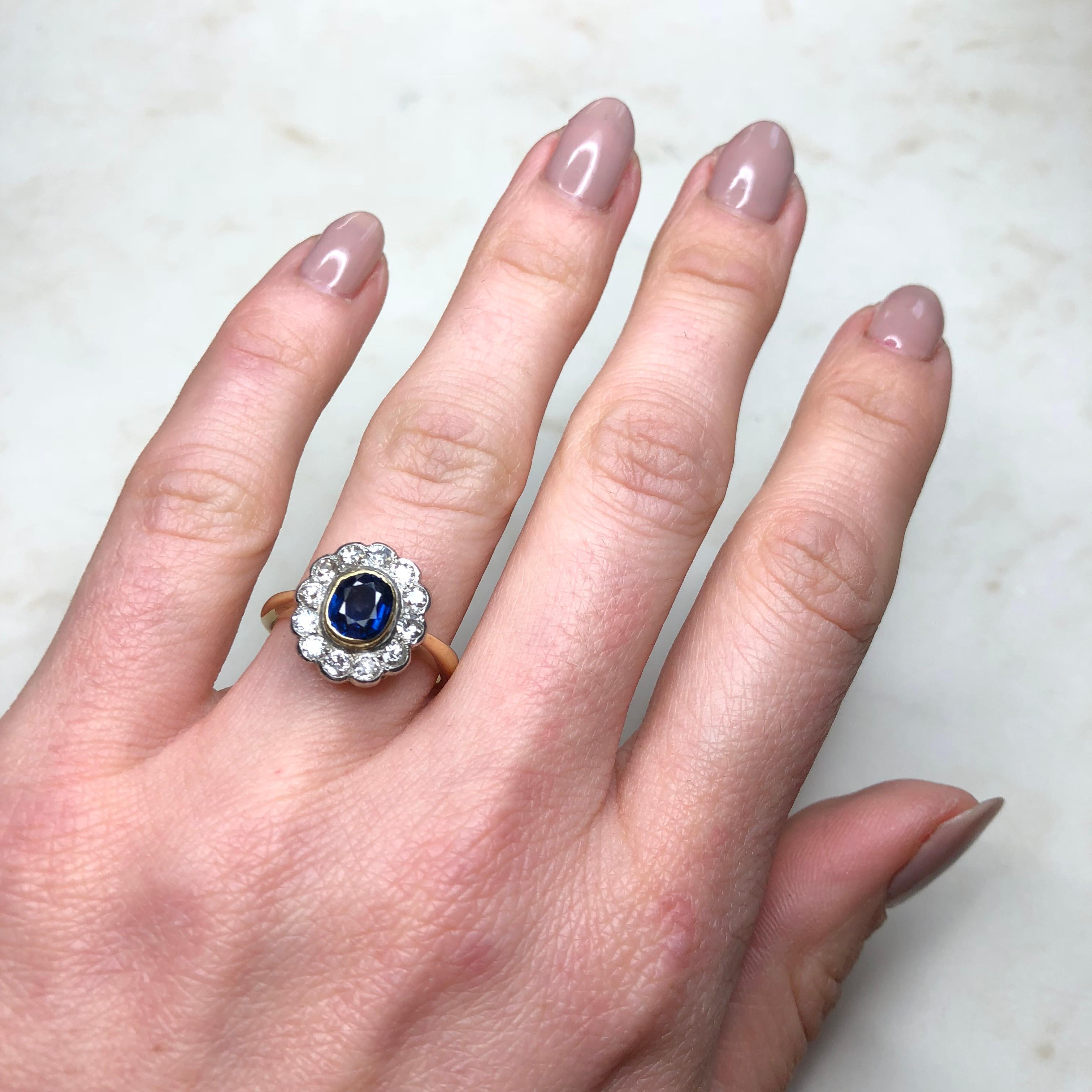 Edwardian Sapphire and Diamond 18 Carat and Platinum Cluster Ring 2