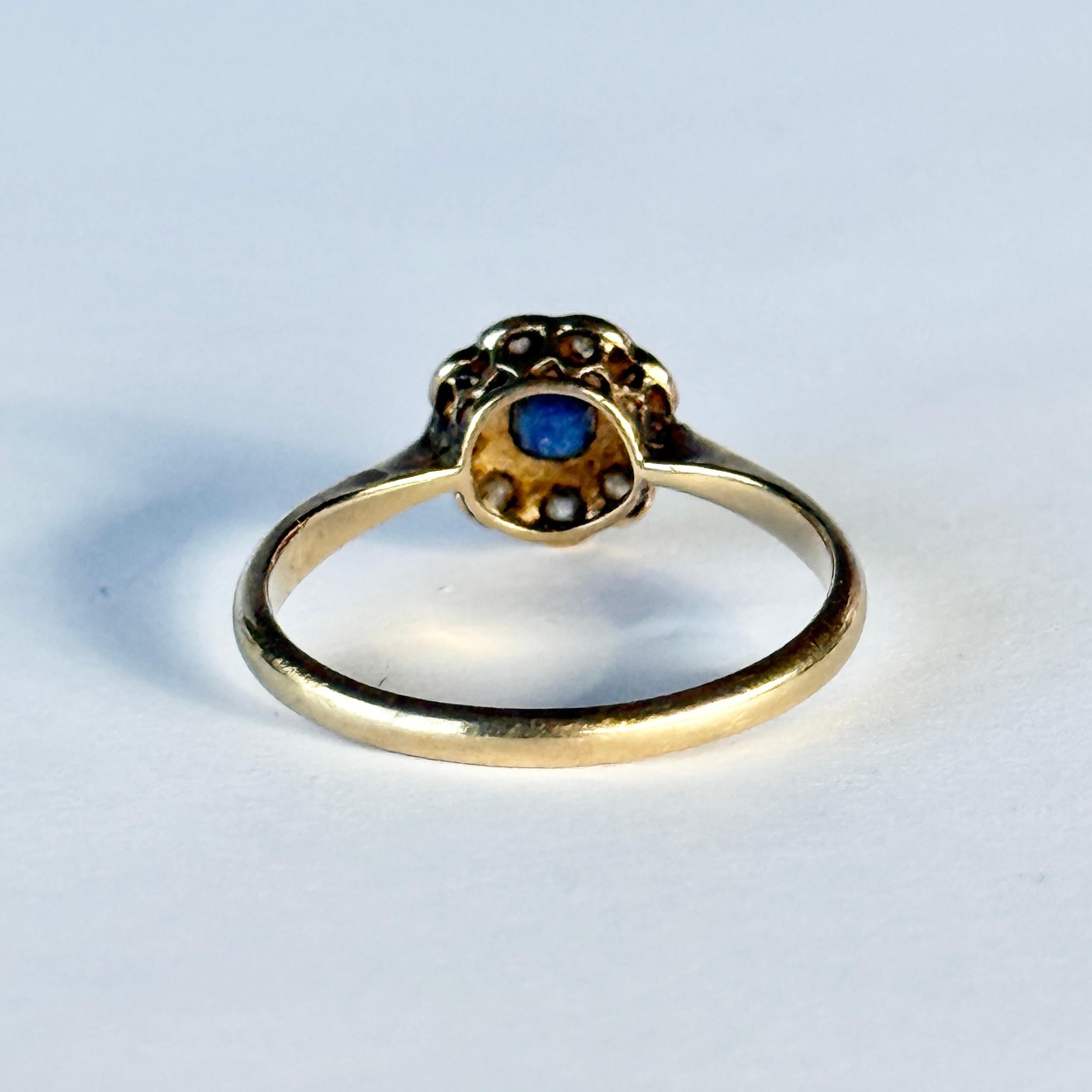 Anello a grappolo con zaffiro e diamante in oro 18 carati di epoca edoardiana in vendita 1