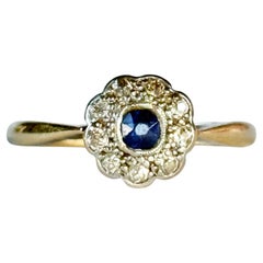 Anello a grappolo con zaffiro e diamante in oro 18 carati di epoca edoardiana