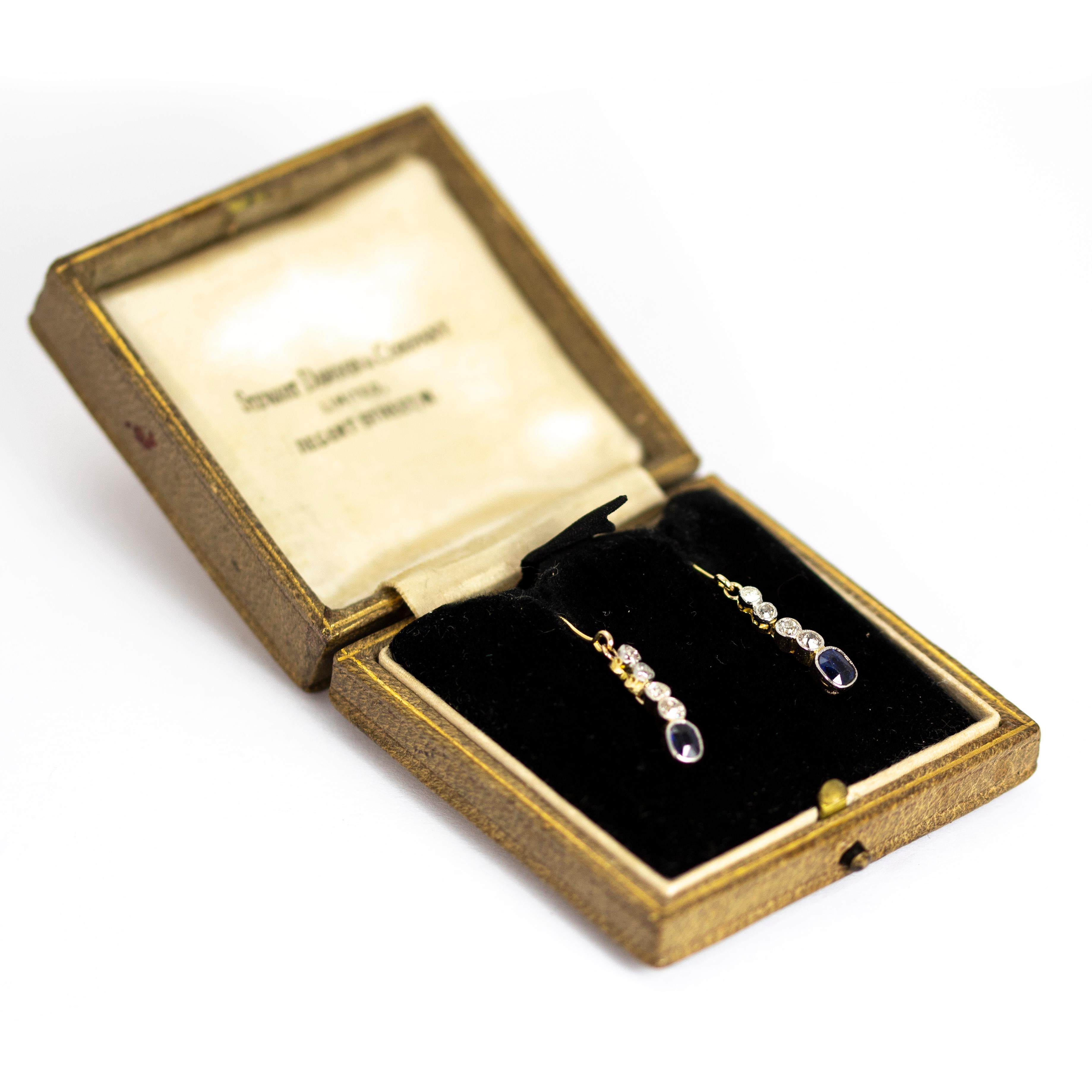 Edwardian Sapphire and Diamond 18 Carat Gold Drop Earrings In Good Condition In Chipping Campden, GB