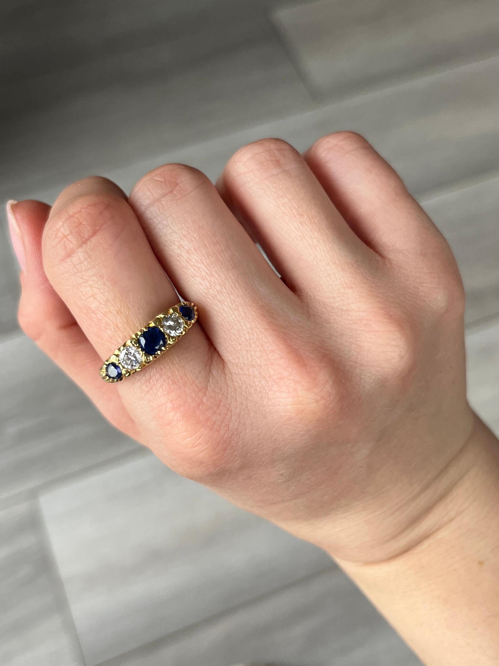 Round Cut Edwardian Sapphire and Diamond 18 Carat Gold Five-Stone Ring For Sale