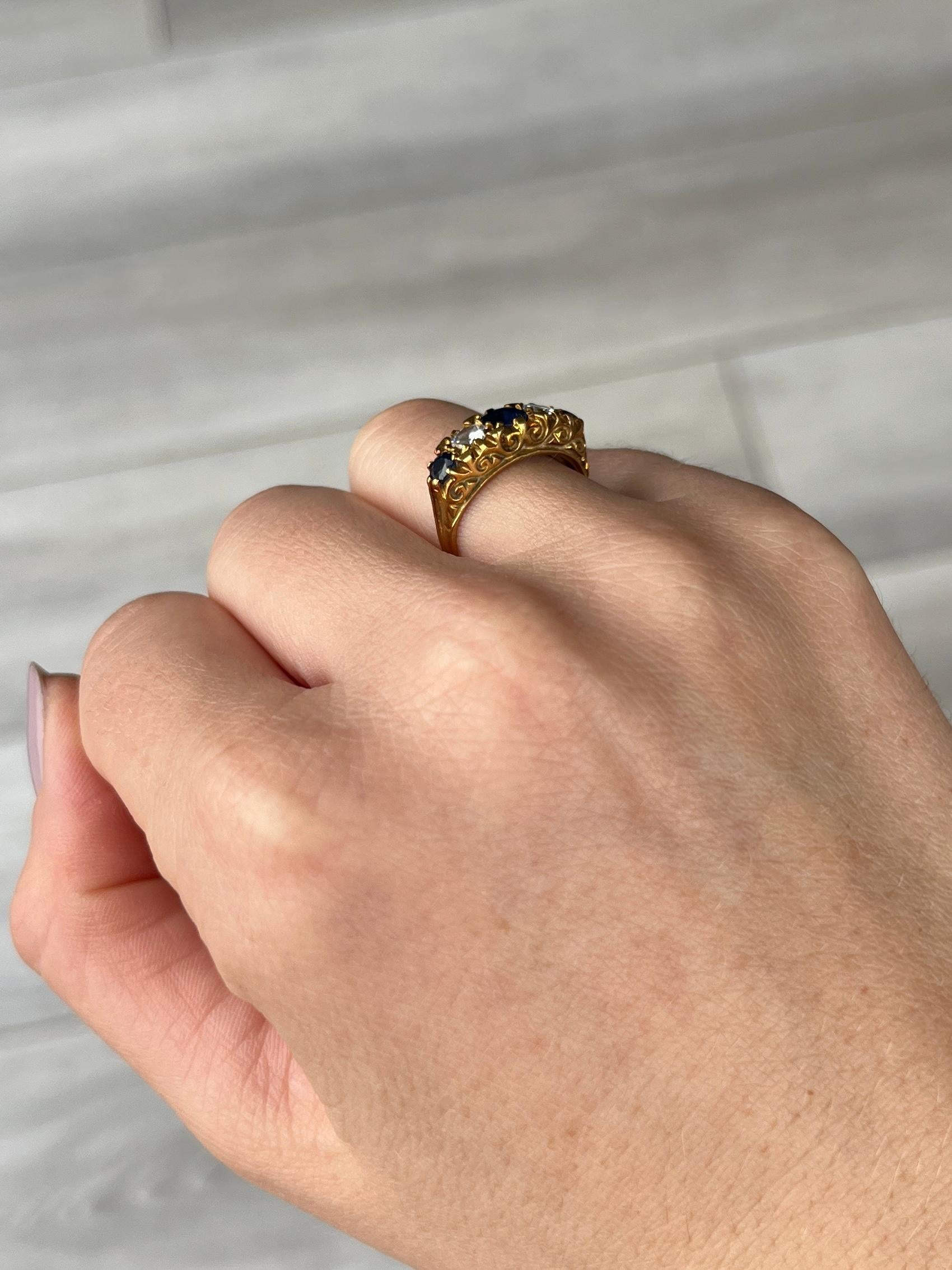 Women's Edwardian Sapphire and Diamond 18 Carat Gold Five-Stone Ring For Sale