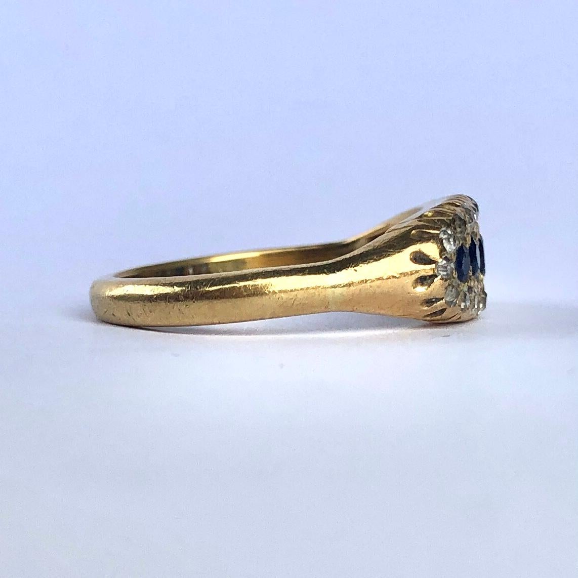 Round Cut Edwardian Sapphire and Diamond 18 Carat Gold Ring