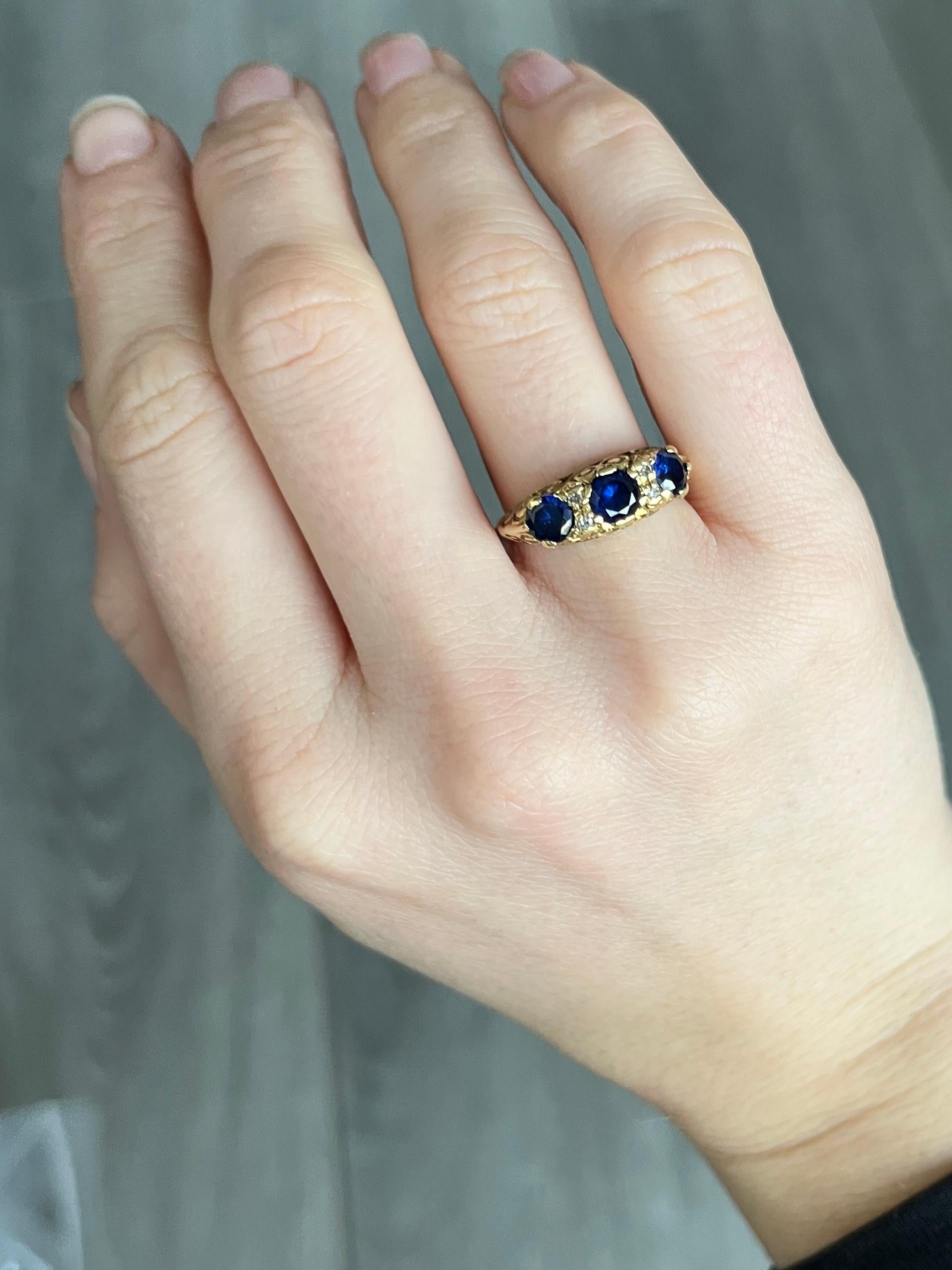 Old Mine Cut Edwardian Sapphire and Diamond 18 Carat Gold Three-Stone Ring For Sale
