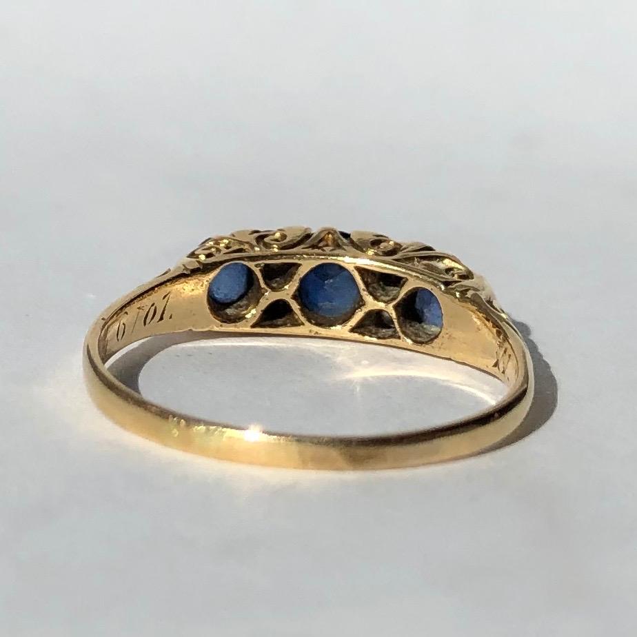 Old Mine Cut Edwardian Sapphire and Diamond 18 Carat Gold Three-Stone Ring
