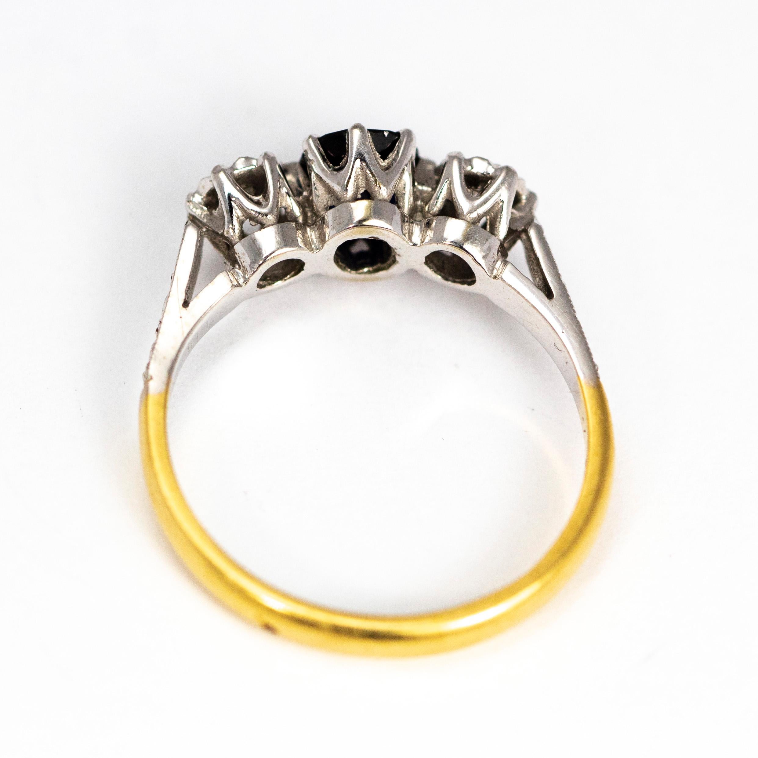 Edwardian Sapphire and Diamond 18 Carat Gold Three-Stone Ring 1