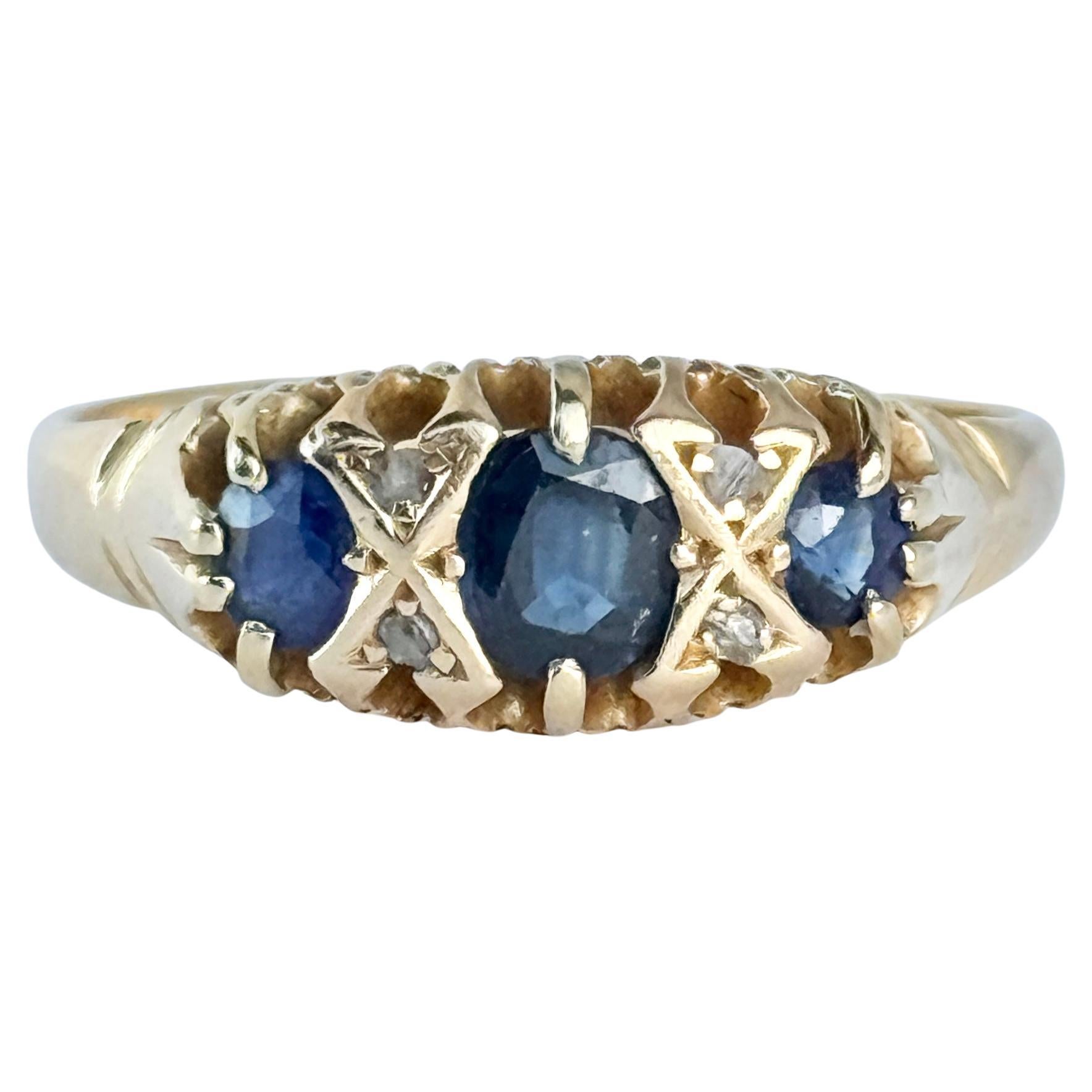 Edwardian Sapphire and Diamond 18 Carat Gold Three Stone Ring For Sale