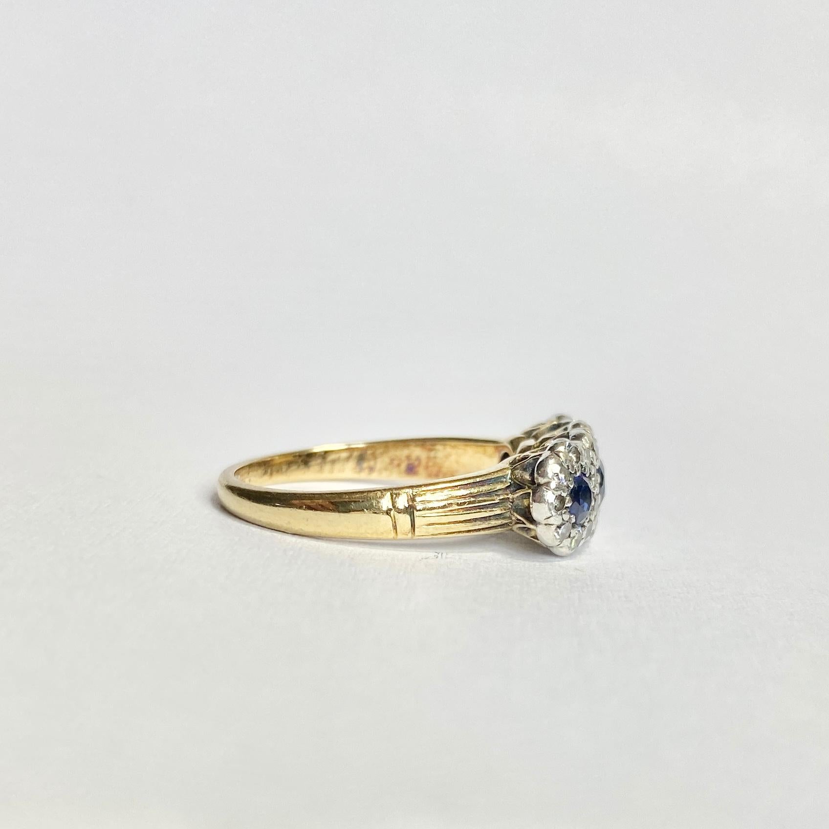 Dreifach-Cluster-Ring aus 18 Karat Gold mit Saphir und Diamant im Edwardian-Stil 1
