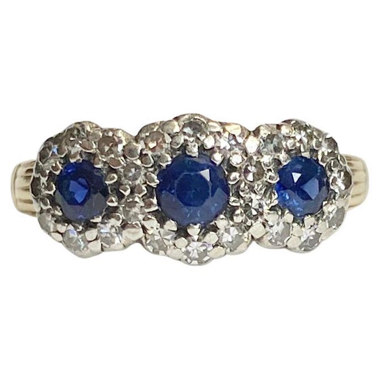 Dreifach-Cluster-Ring aus 18 Karat Gold mit Saphir und Diamant im Edwardian-Stil