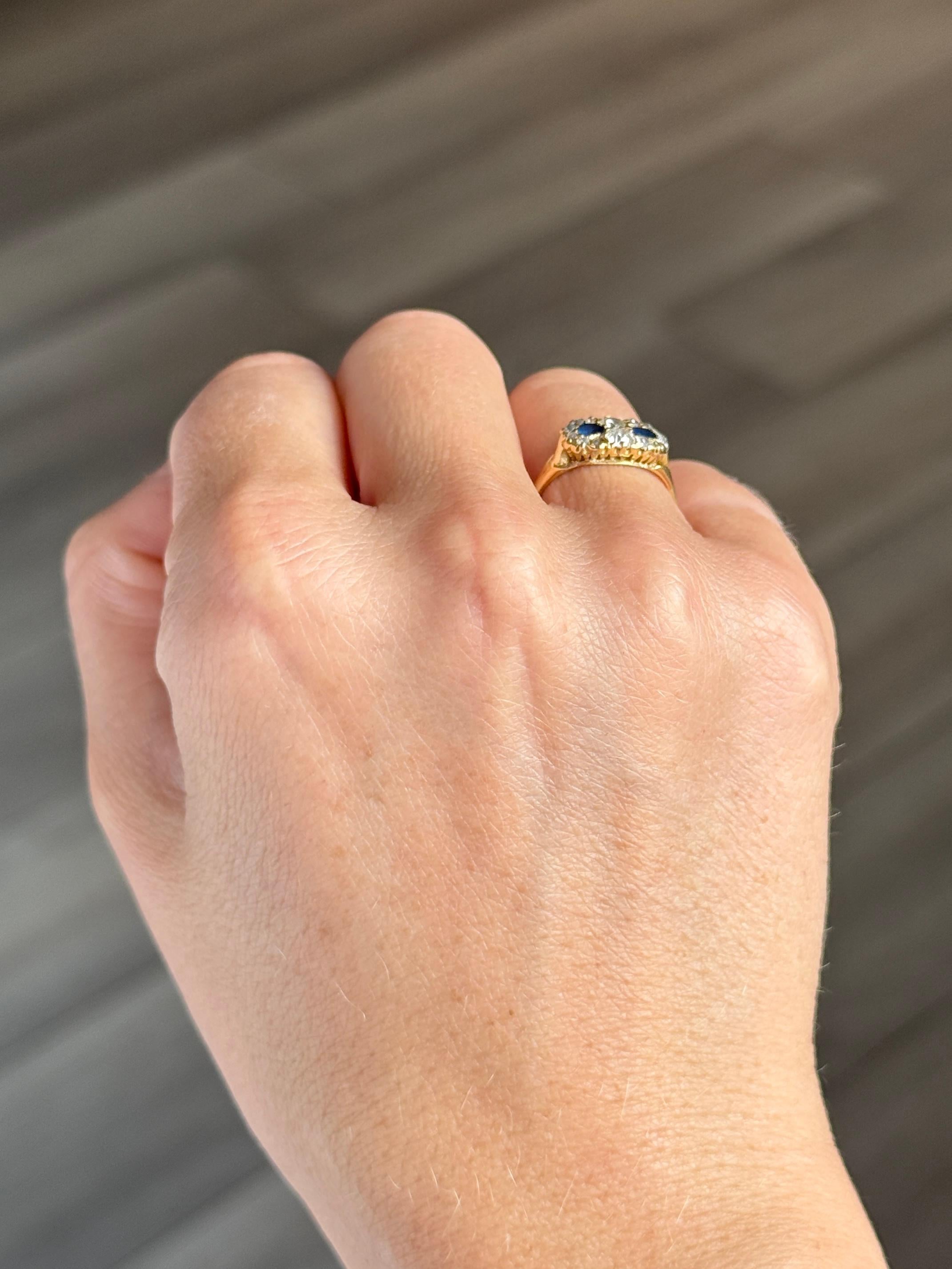 Round Cut Edwardian Sapphire and Diamond 18 Carat Gold Two Stone Ring For Sale