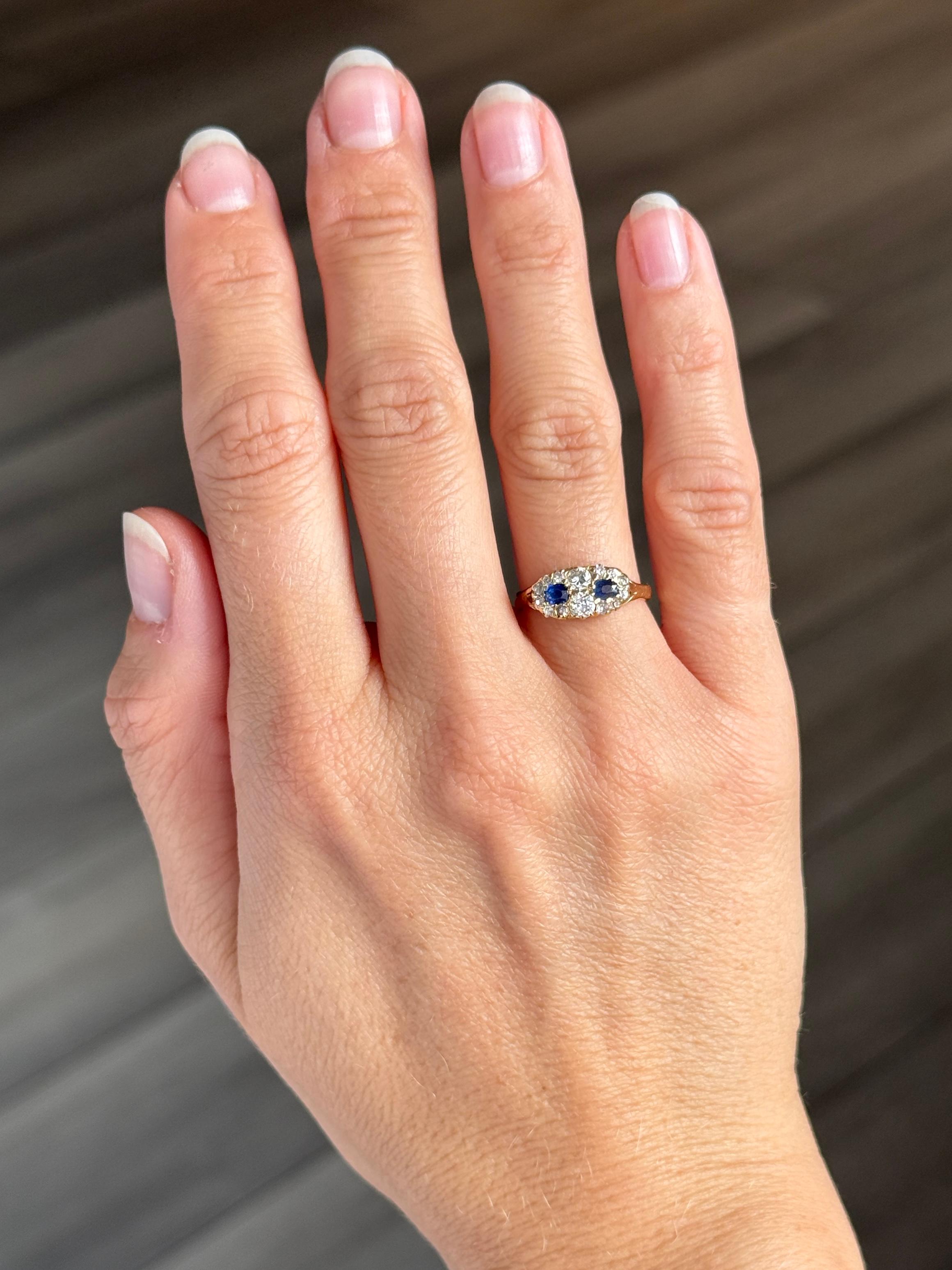 Edwardian Sapphire and Diamond 18 Carat Gold Two Stone Ring In Fair Condition For Sale In Chipping Campden, GB