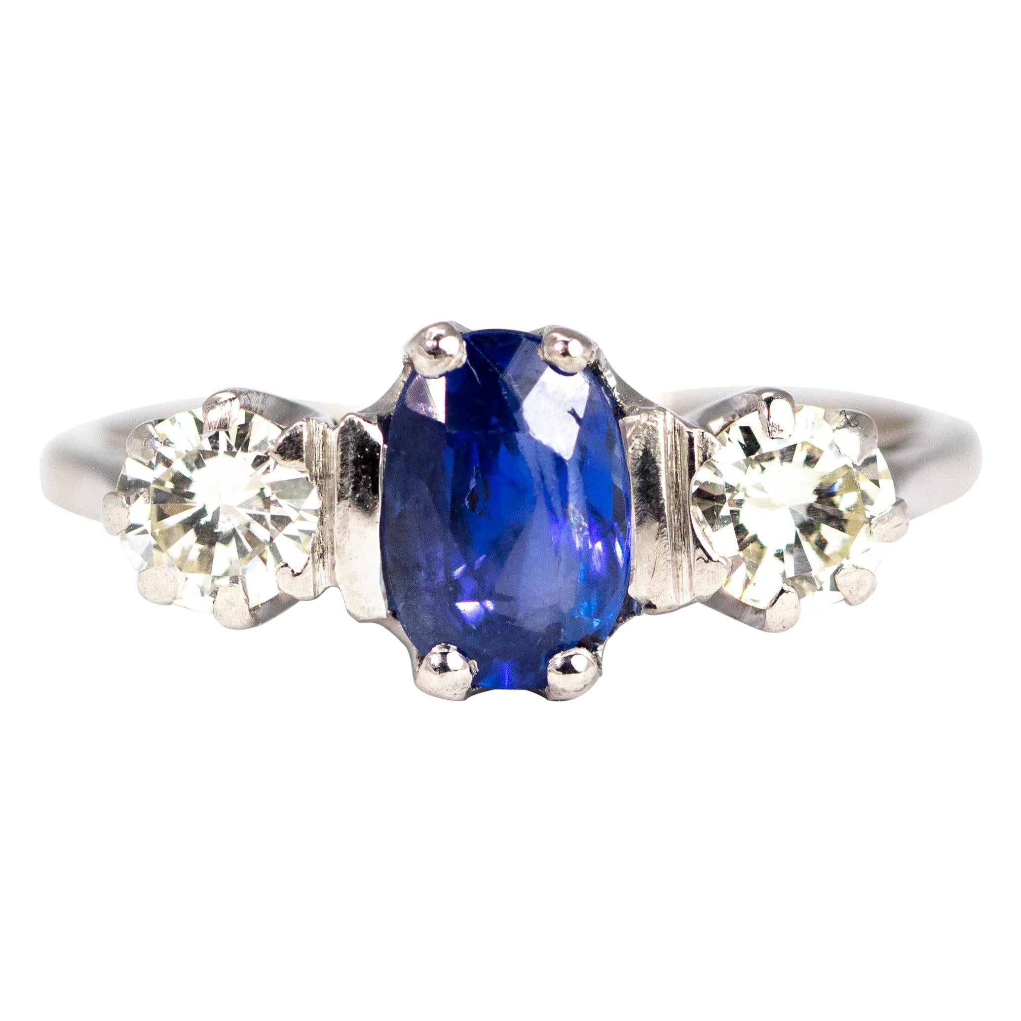 Edwardian Sapphire and Diamond 18 Carat White Gold and Platinum Three-Stone Ring