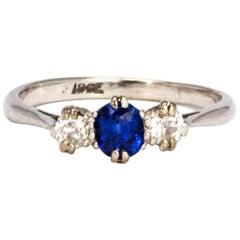 Edwardian Sapphire and Diamond 18 Carat White Gold Three-Stone Ring