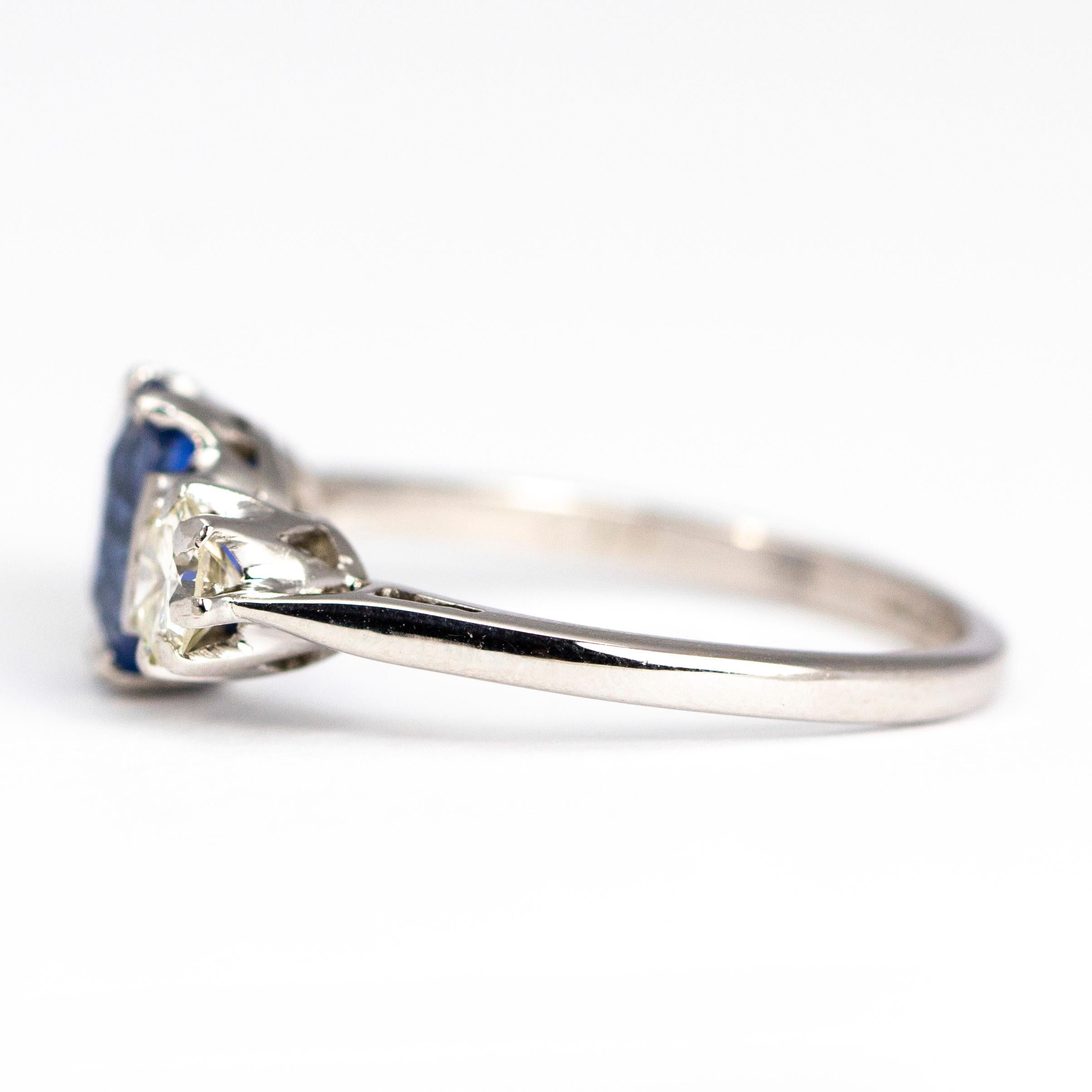 Edwardian Sapphire and Diamond 18 Carat White Gold and Platinum Three-Stone Ring In Good Condition In Chipping Campden, GB