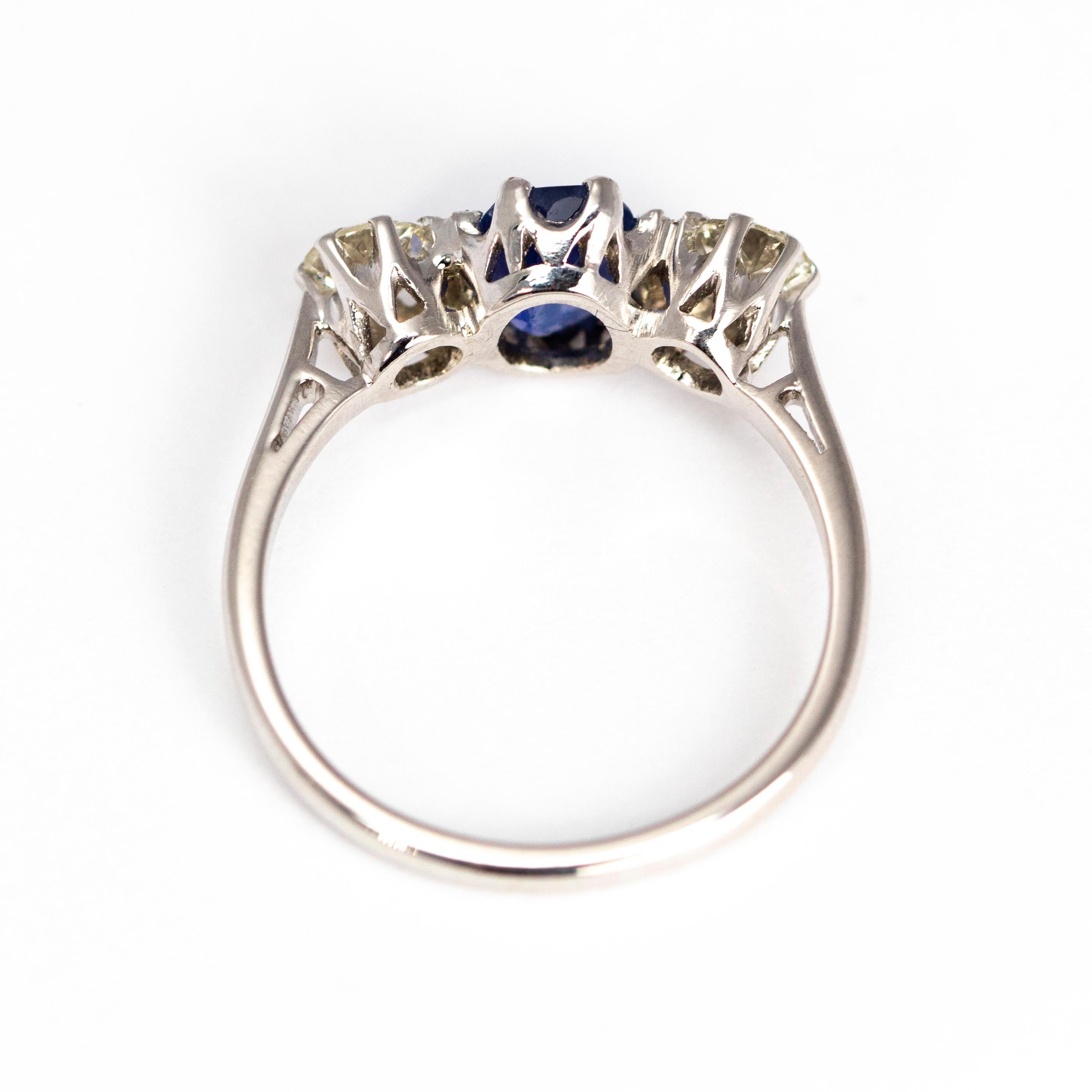 Edwardian Sapphire and Diamond 18 Carat White Gold and Platinum Three-Stone Ring 1