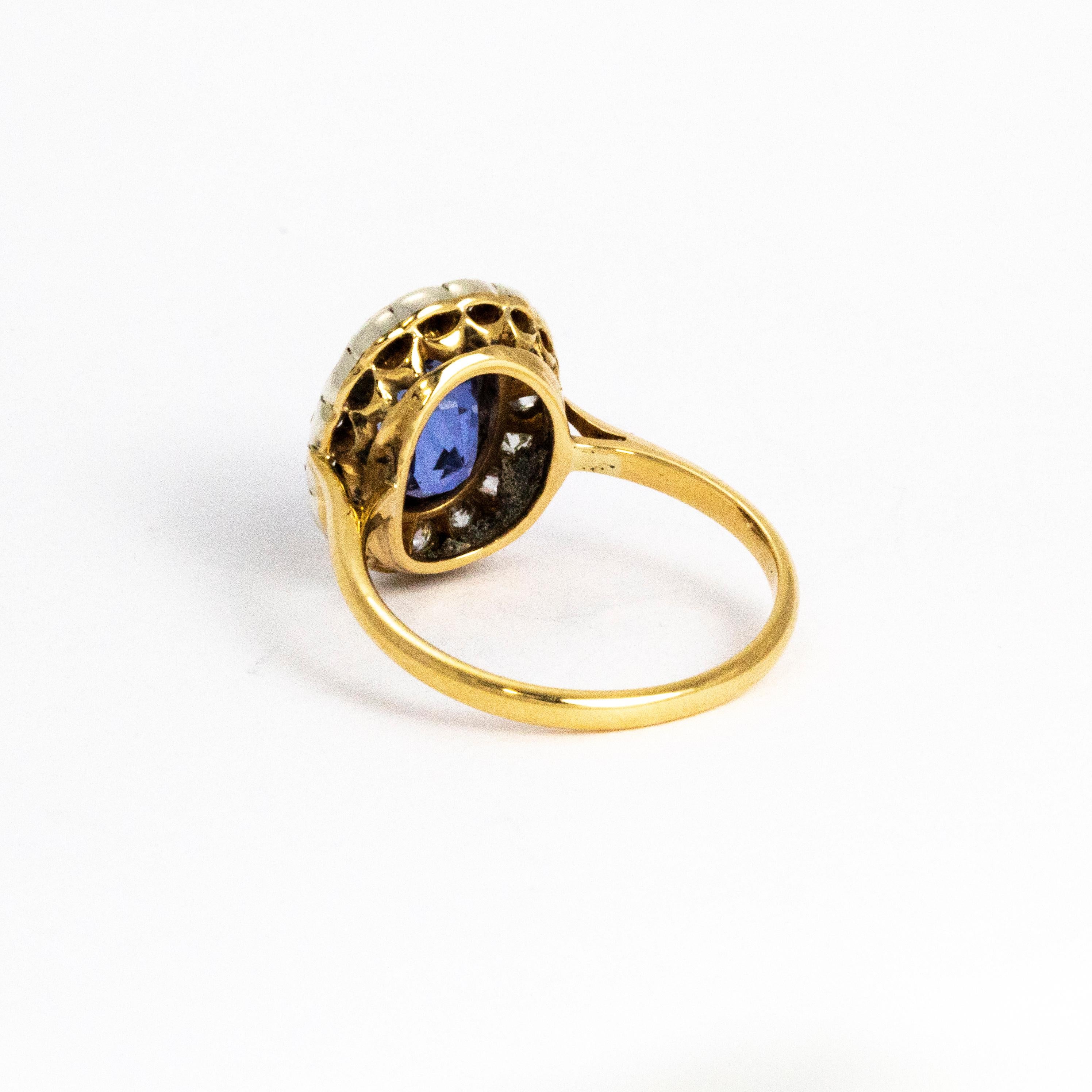 Old Mine Cut Edwardian Sapphire and Diamond 18 Carat Gold Ring