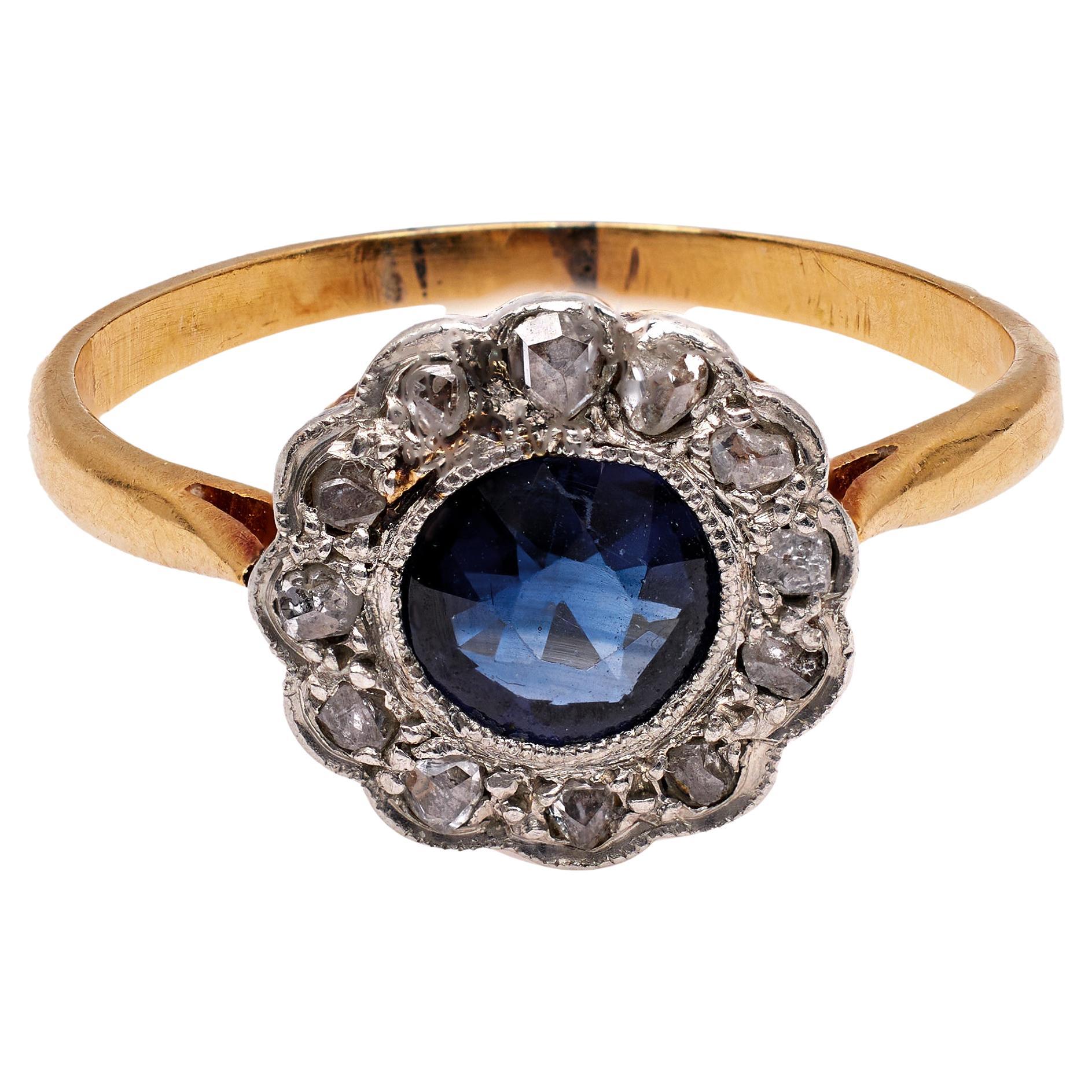 Edwardian Sapphire and Diamond 18k Yellow Gold Platinum Cluster Ring For Sale