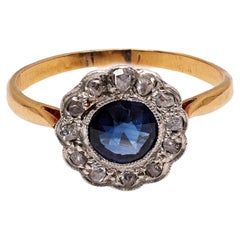 Antique Edwardian Sapphire and Diamond 18k Yellow Gold Platinum Cluster Ring