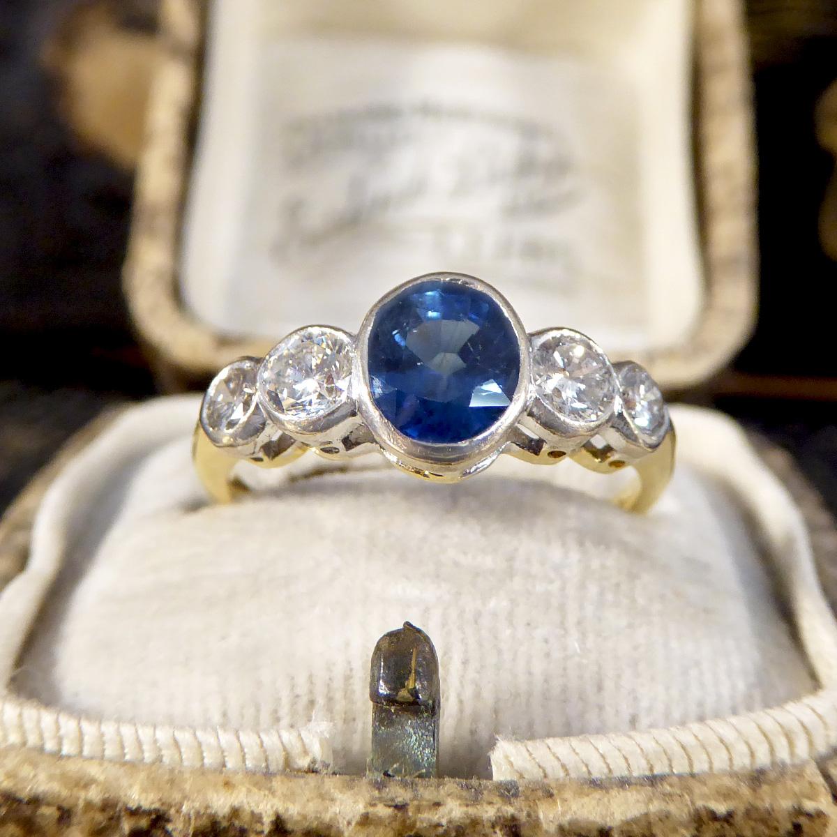 Edwardian Sapphire and Diamond Bezel Set Five Stone Ring in 18ct White and Yello For Sale 4