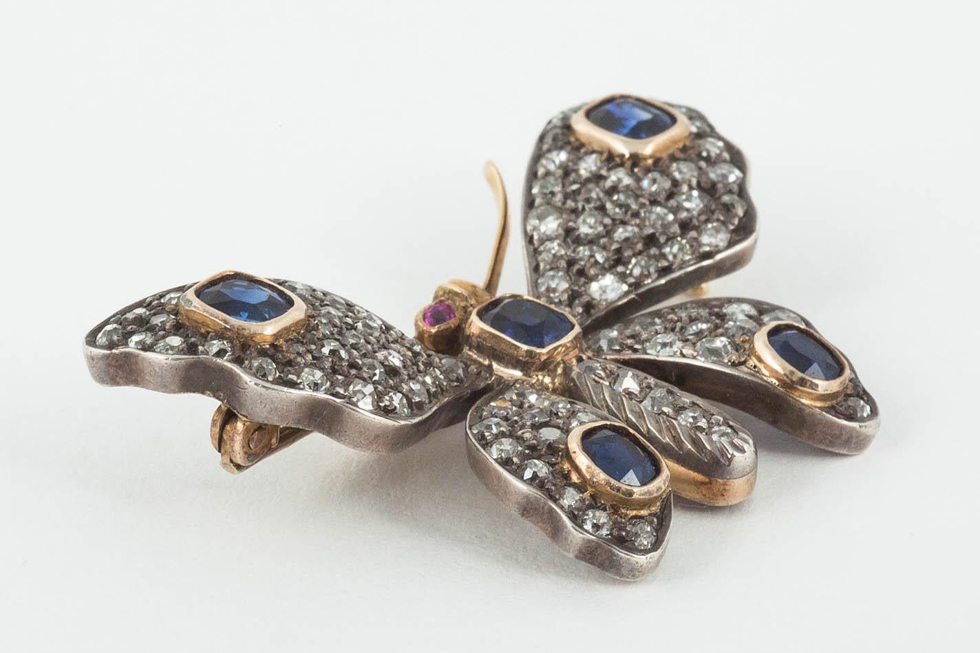 Edwardian Sapphire and Diamond Butterfly Brooch For Sale 1