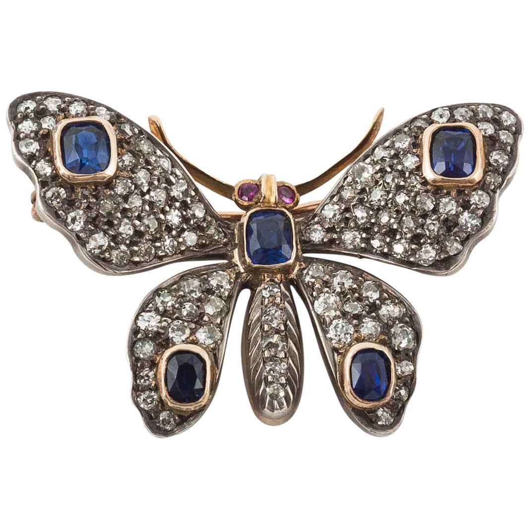 Edwardian Sapphire and Diamond Butterfly Brooch For Sale