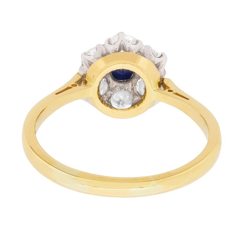 Old European Cut Edwardian Sapphire and Diamond Cluster Ring, circa 1910 For Sale