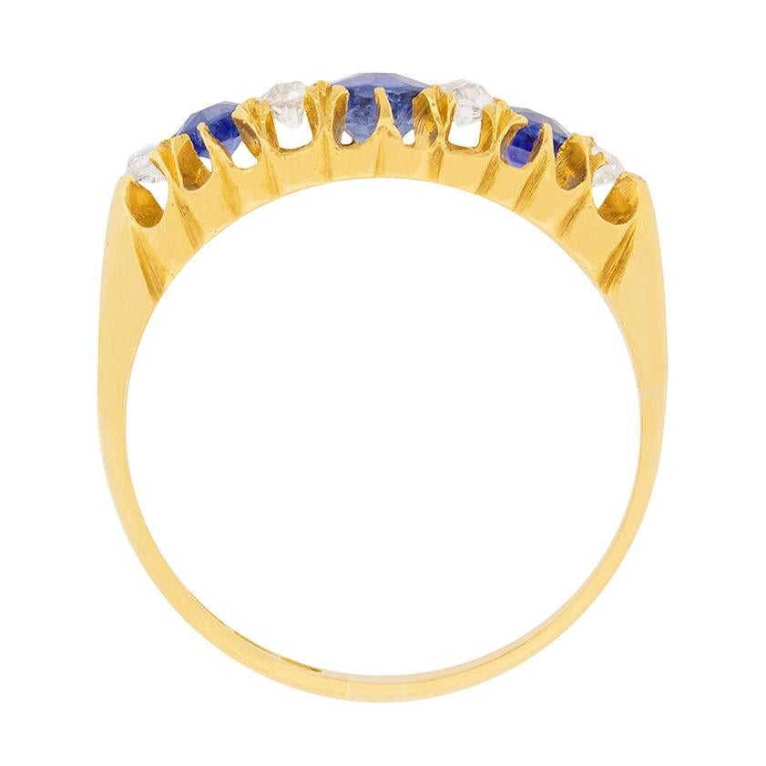 This piece ring is hallmarked 1906 and was hallmarked in Chester. It features three claw set sapphires which are natural. Their deep blue colour is wonderful and in total they weigh 0.65 carat. The centre sapphire is 0.35 carat and the other two