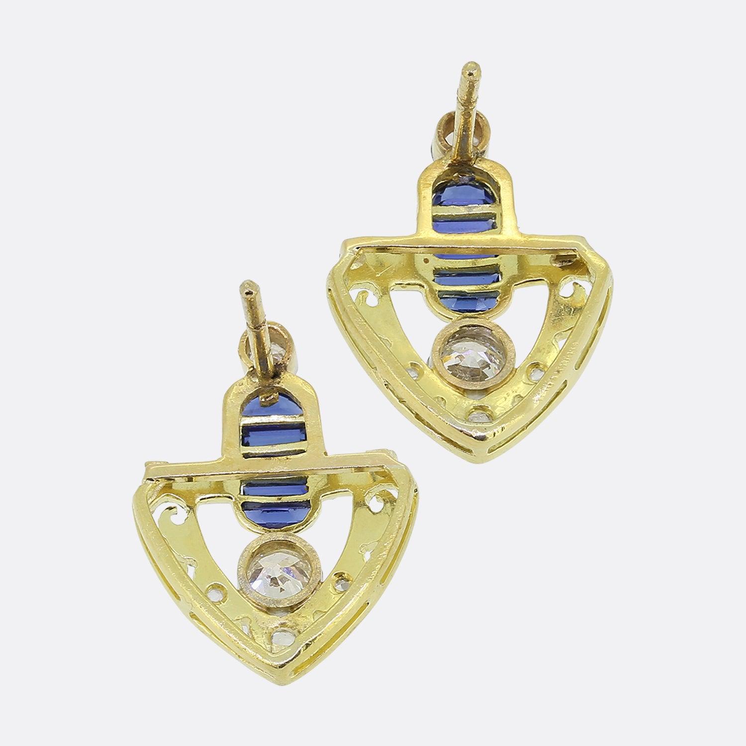 Round Cut Edwardian Sapphire and Diamond Drop Earrings For Sale