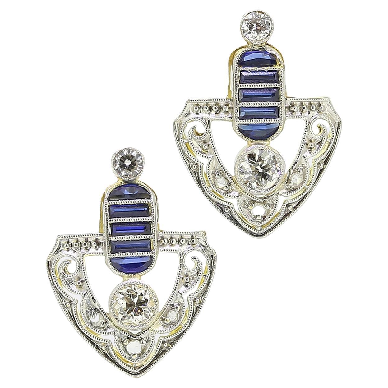 Edwardian Sapphire and Diamond Drop Earrings For Sale