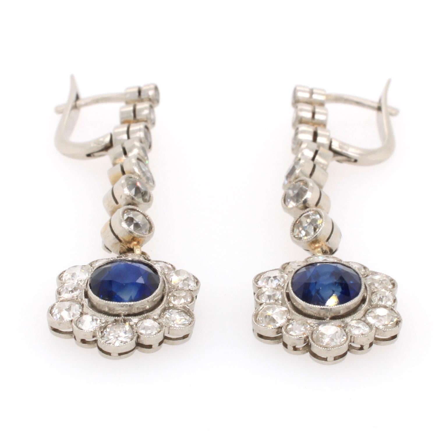 Antique Cushion Cut Edwardian Sapphire and Diamond Earrings, 1910s