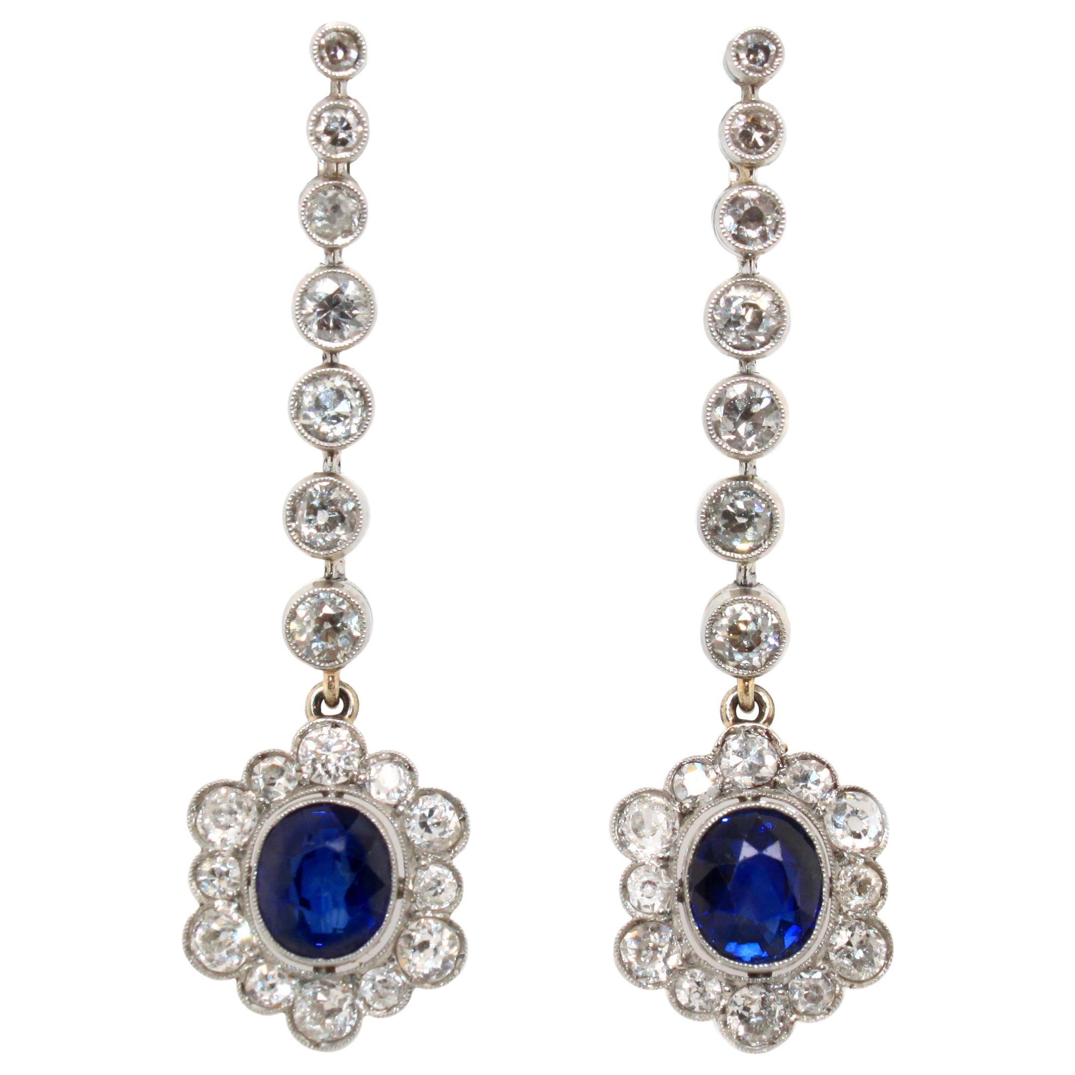 Edwardian Sapphire and Diamond Earrings, 1910s