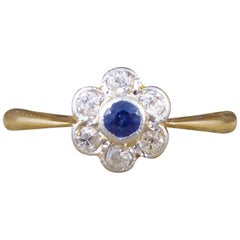 Edwardian Sapphire and Diamond Flower Cluster Ring in 18ct Yellow and White Gold