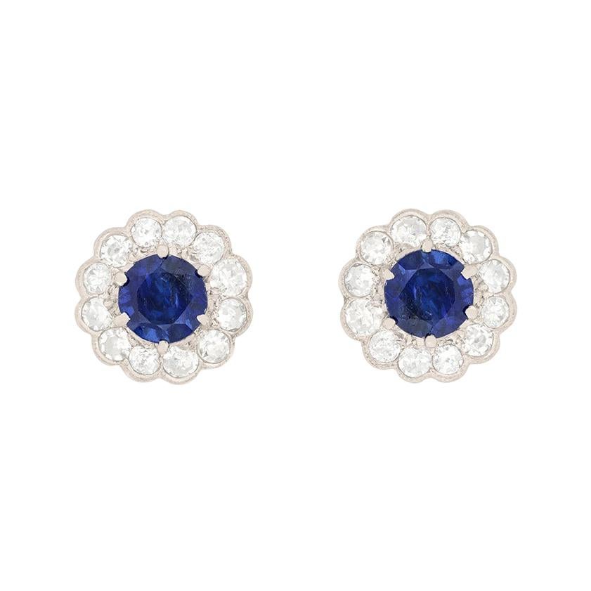 Edwardian Sapphire and Diamond Flower Motif Earrings, circa 1910s