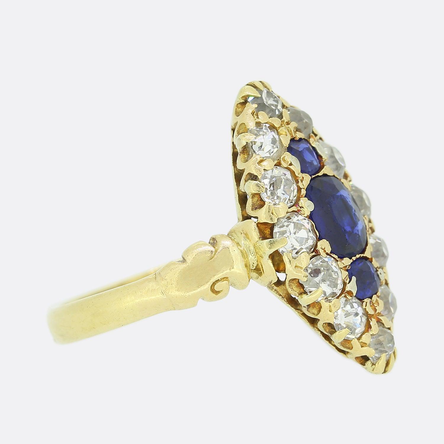 Oval Cut Edwardian Sapphire and Diamond Navette Ring For Sale