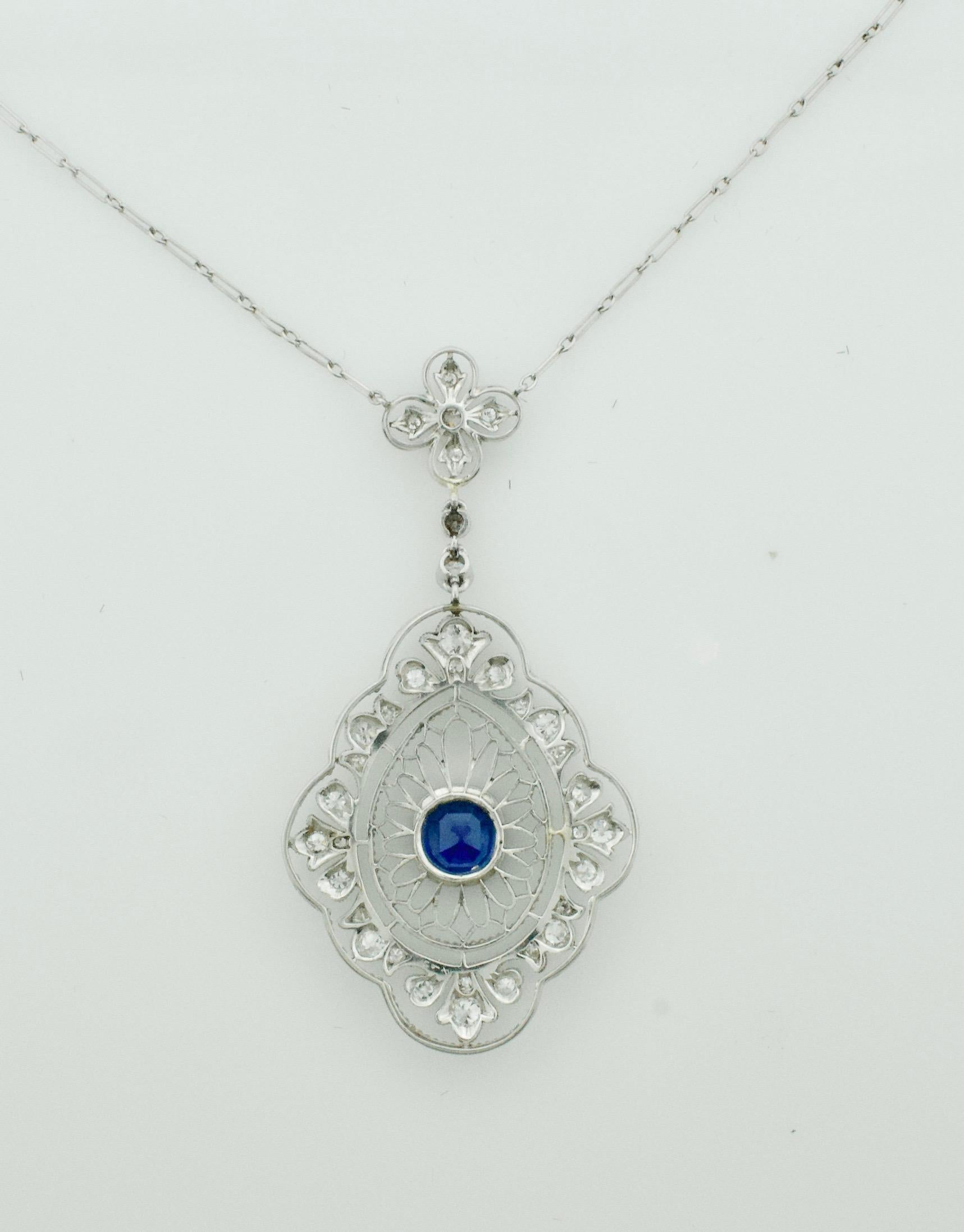 Cushion Cut Edwardian Sapphire and Diamond Necklace in Platinum circa 1915 Sapphire 1.70 For Sale